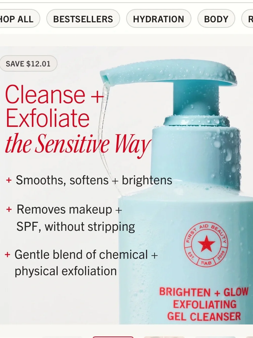 First Aid Beauty Brighten + Glow Set exfoliating gel cleanser & facial pads 2 pc